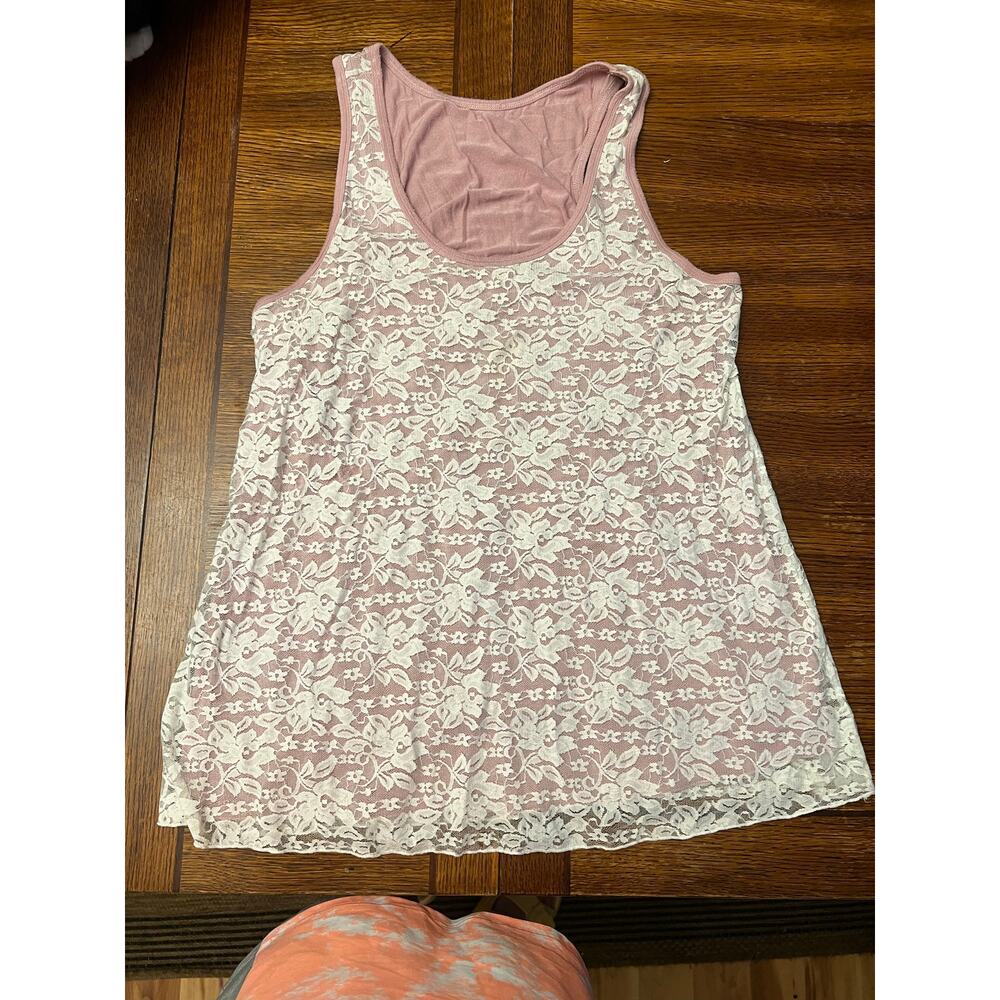 MAUVE Pink Floral Lace Overlay Tank Top XL Soft Racerback Layering Sleeveless - Picture 5 of 8